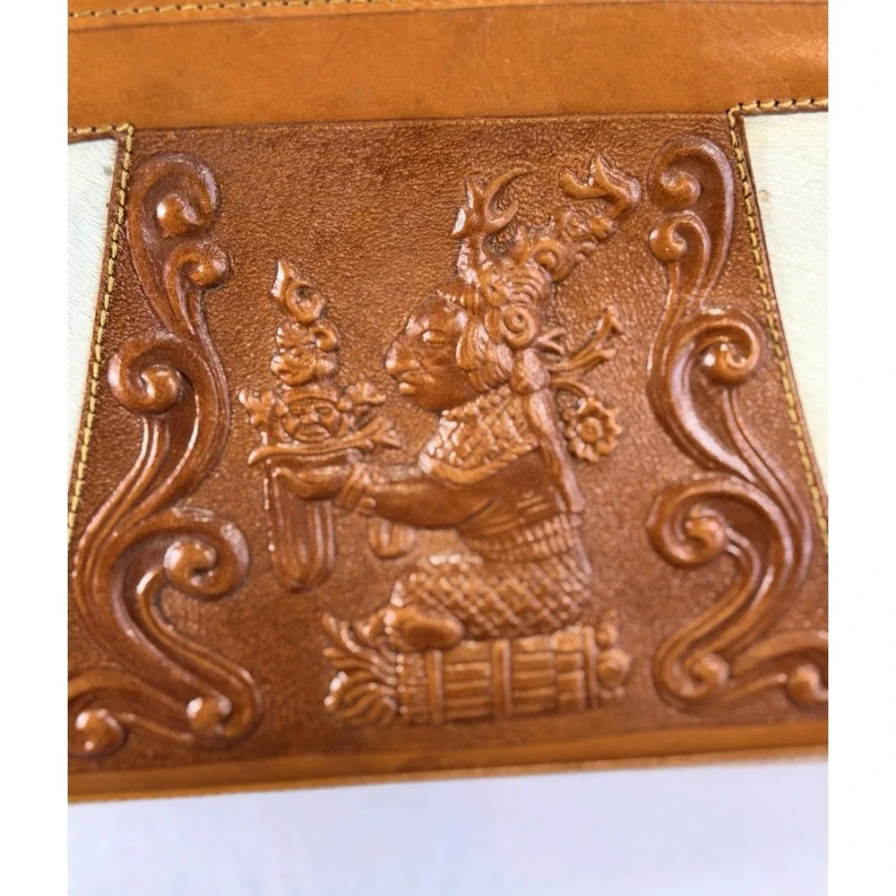 VTG‎ 70s Mont-Abur Mexican Tooled Leather Handbag Mayan Deity Aztec Sun Calendar